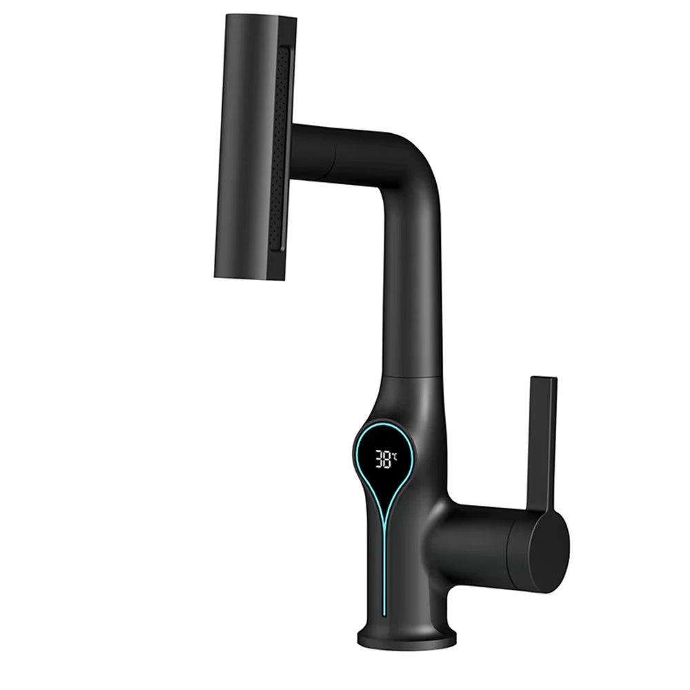 Lift Up Down Stream Sprayer Hot Cold Water Sink Mixer Wash Tap For Bathroom Waterfall Temperature Digital Display Basin Faucet