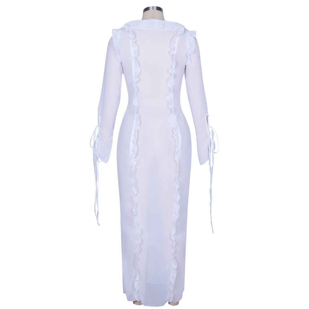 Summer Beach Dress Women Elegant Bandage Ruffles Slim Maxi Dress 2024 New Sexy Blue Long Sleeve Evening Party Dress Club Outfits