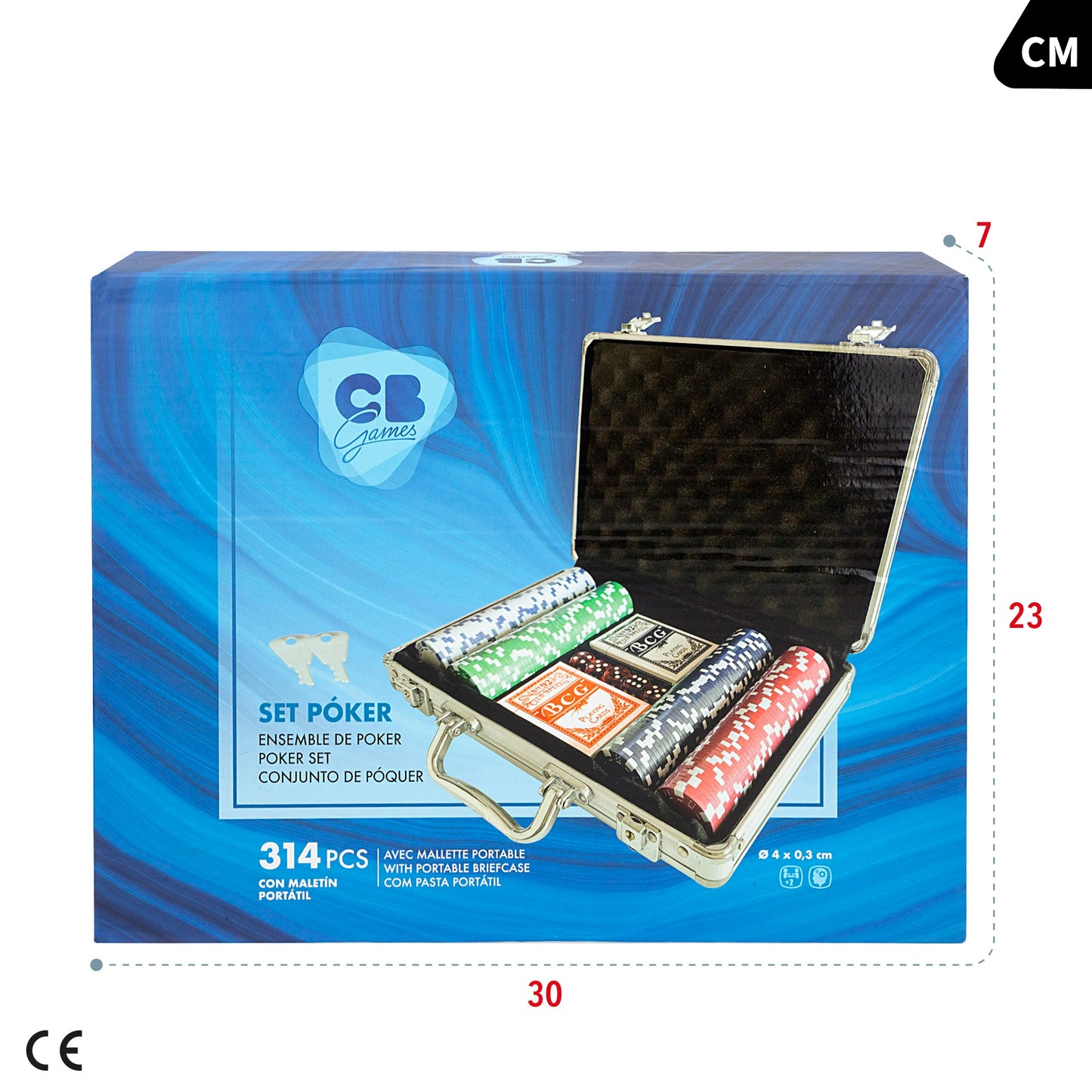 CB Games Poker Set with Briefcase, includes 201 chips, 5 dice, 2 decks of cards for kids aged 3+, perfect for 2-7 players, ideal family game for socializing and fun.