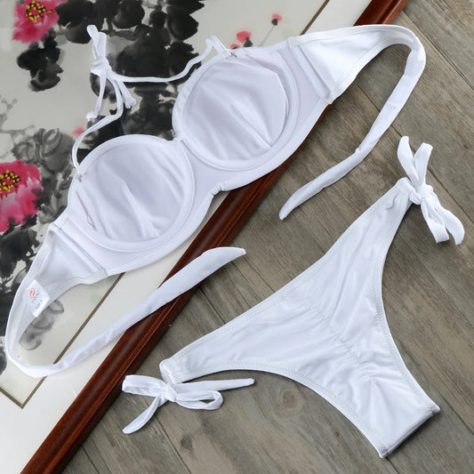 Bikini Solid Strappy Bandage Bikinis Set White Push Up Bikini Swimwear Bandeau Brazilian Swimsuit Bathing Suit Maillot De Bain