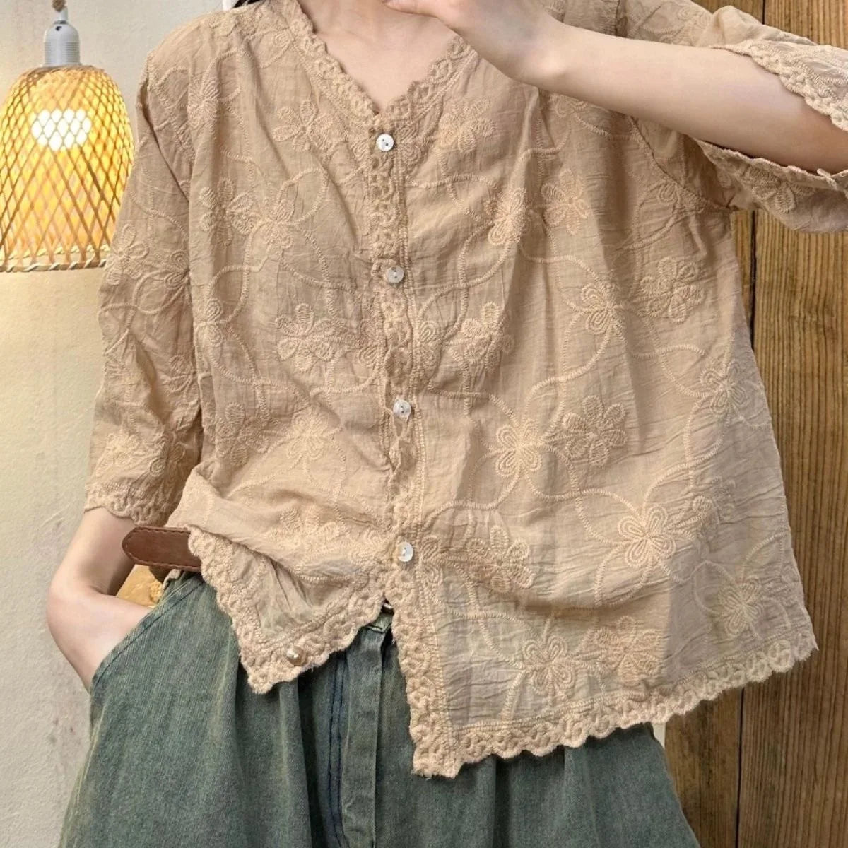 Summer Thin Casual Loose Lace Cotton Shirts Cardigan Women Long Sleeve Button Up Floral Embroidery Top Vintage Boho Style Blouse