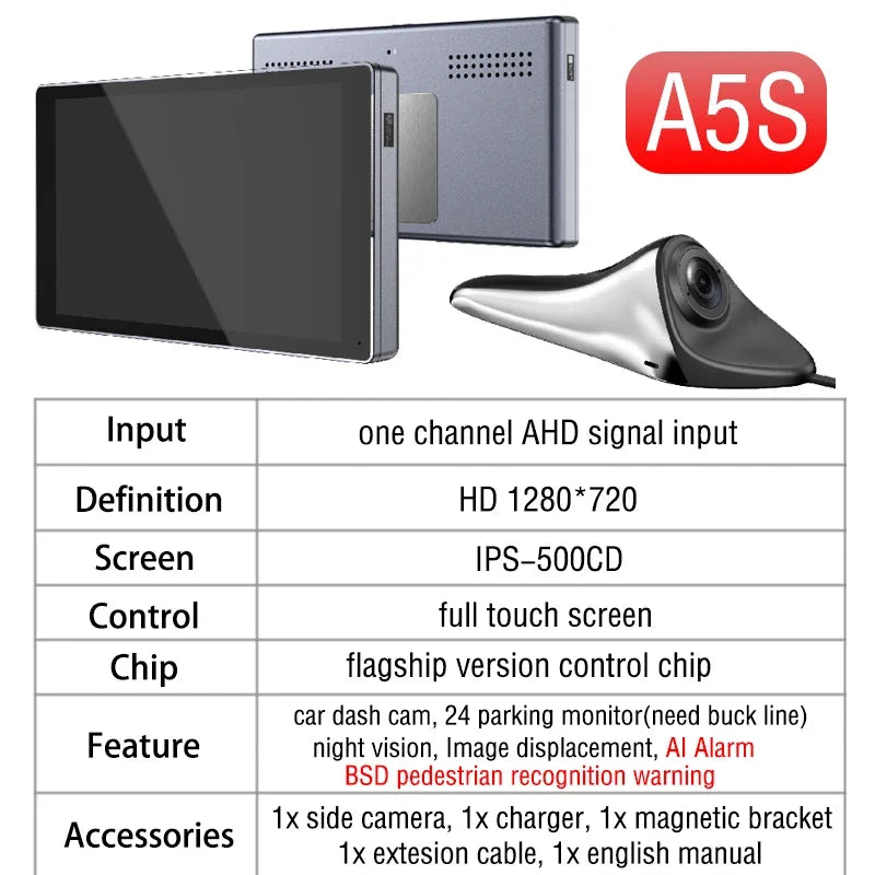 CMS Car Rear View Camera, Blind Spot Auxiliary Reversing System, Backup Side Camera Screen, IP68 Waterproof AHD Smart Monitor
