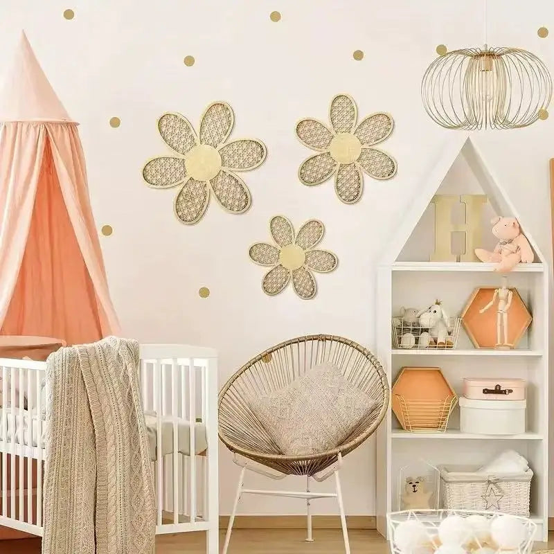 Bohemian Daisy Wall Decoration, Wooden Rattan-Like Pattern Wall Art Hanging Piece, Home Living Room Wall Decoration