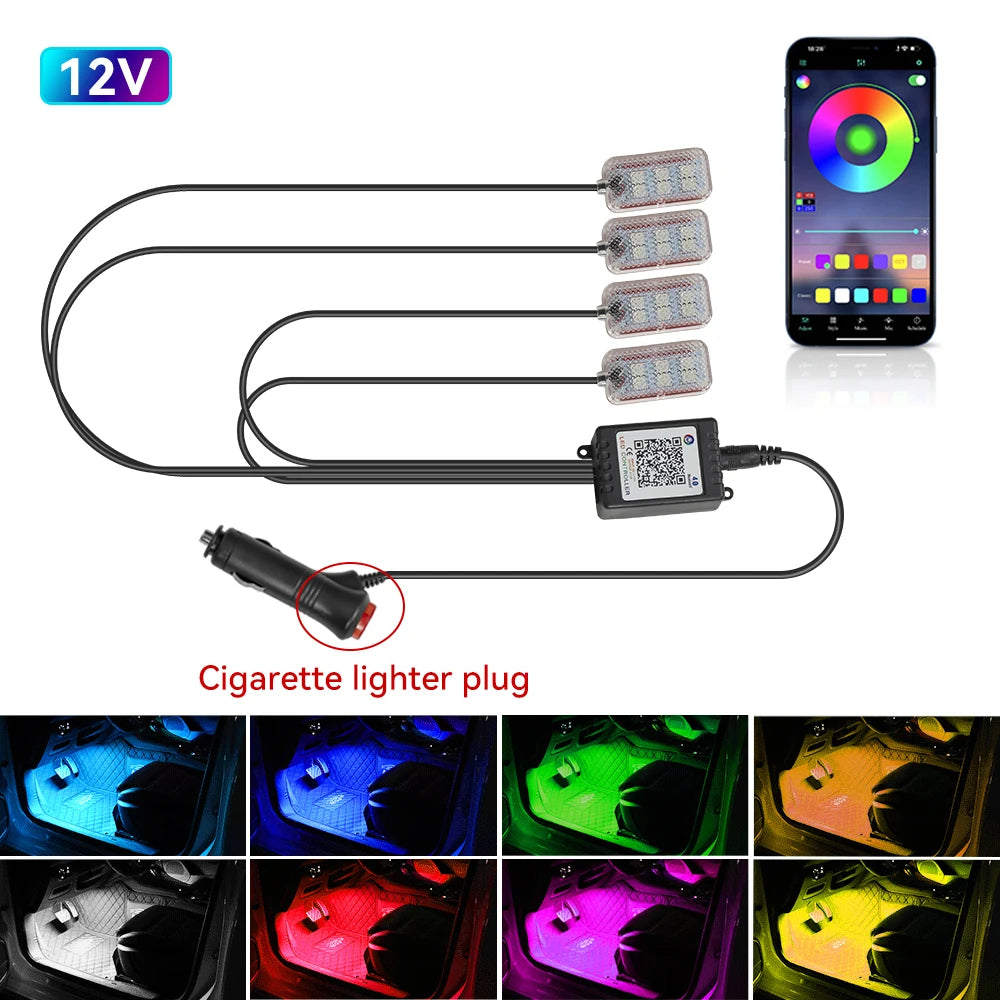 Car Interior Ambient Light RGB Foot Strip Lighting Kit Accessories Backlight Remote App Music Control Auto RGB Decorative Lamp