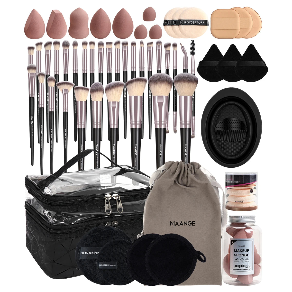 MAANGE 54PCS Professional Makeup Tools Kit with Bag 30PCS Makeup Brush Set Makeup Sponge Removal Puff Makeup Storage Bag Travel