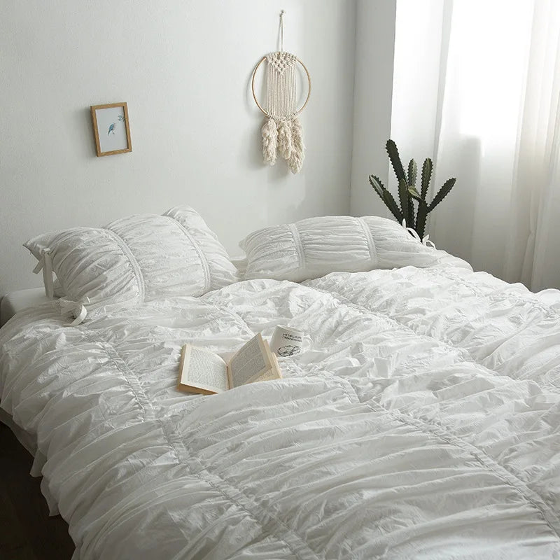 100% Cotton Washed Ruffle Bedding Set White Duvet Cover Set Queen King Size With Bow Ties Ultra Soft Breathable 4Pcs Bedclothes