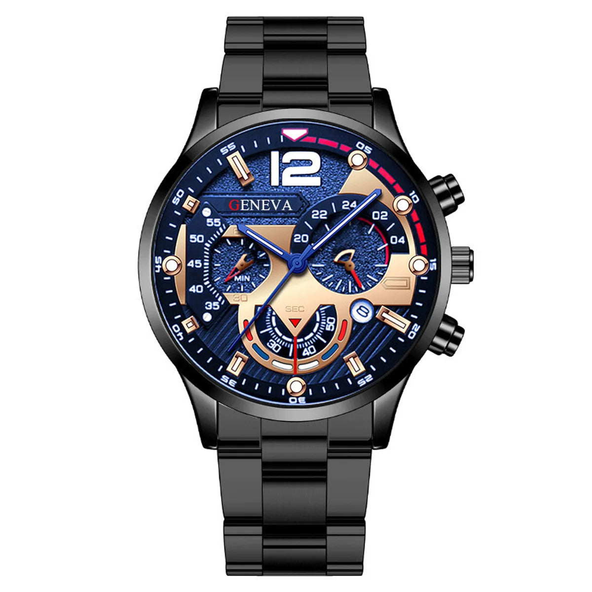 8-piece men's quartz watch set, featuring a black circular dial, bracelet, necklace, and ring
