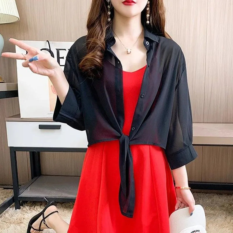 Xpqbb Summer Sun Protection Shirts Ladies Solid Color Tied Waist Half Sleeve Button Blouse Women Casual Loose Chiffon Shirt