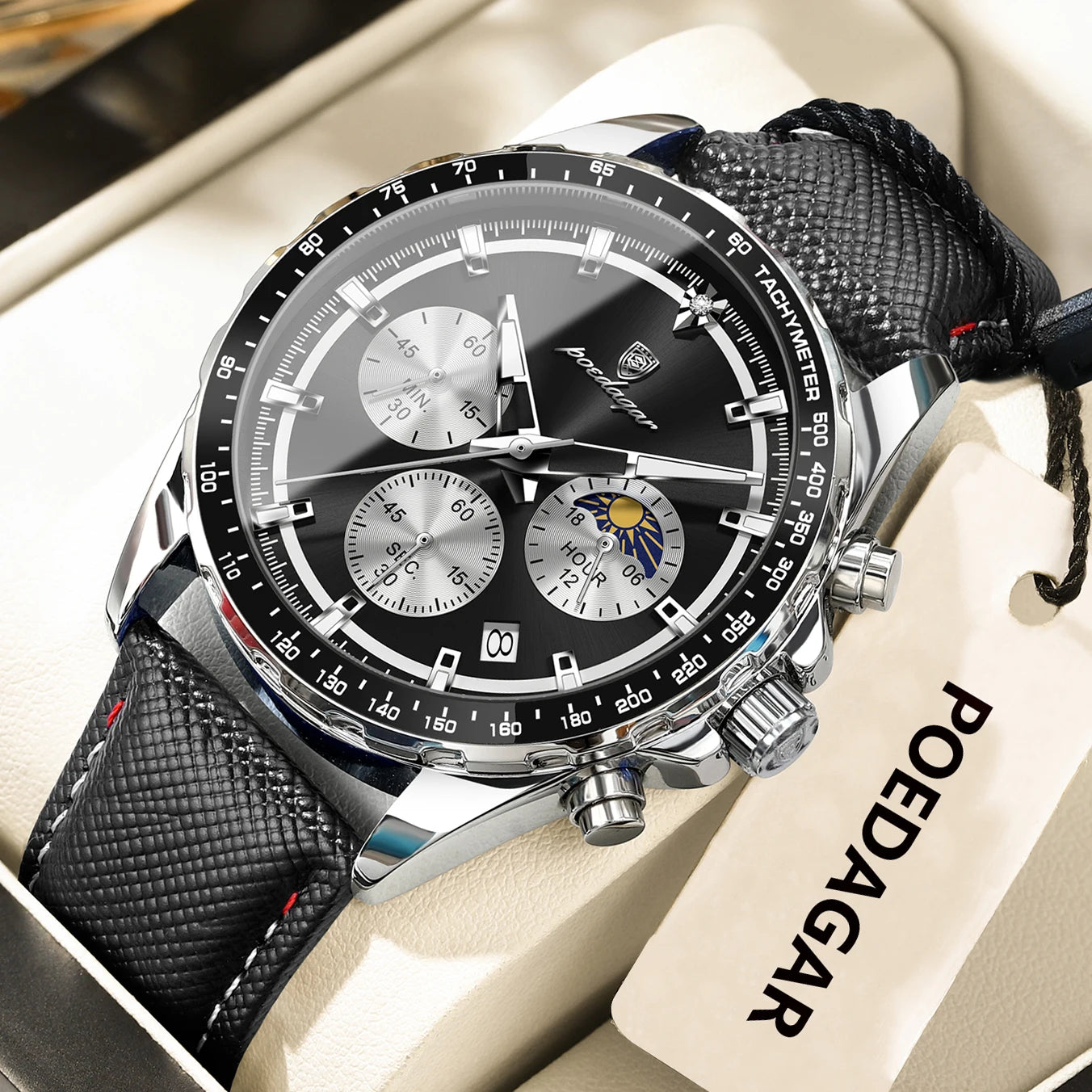 POEDAGAR Original Fashion Men Clock Luminous Waterproof Chronograph Date Man Wristwatch Leather Quartz Sport Men's Watches Reloj