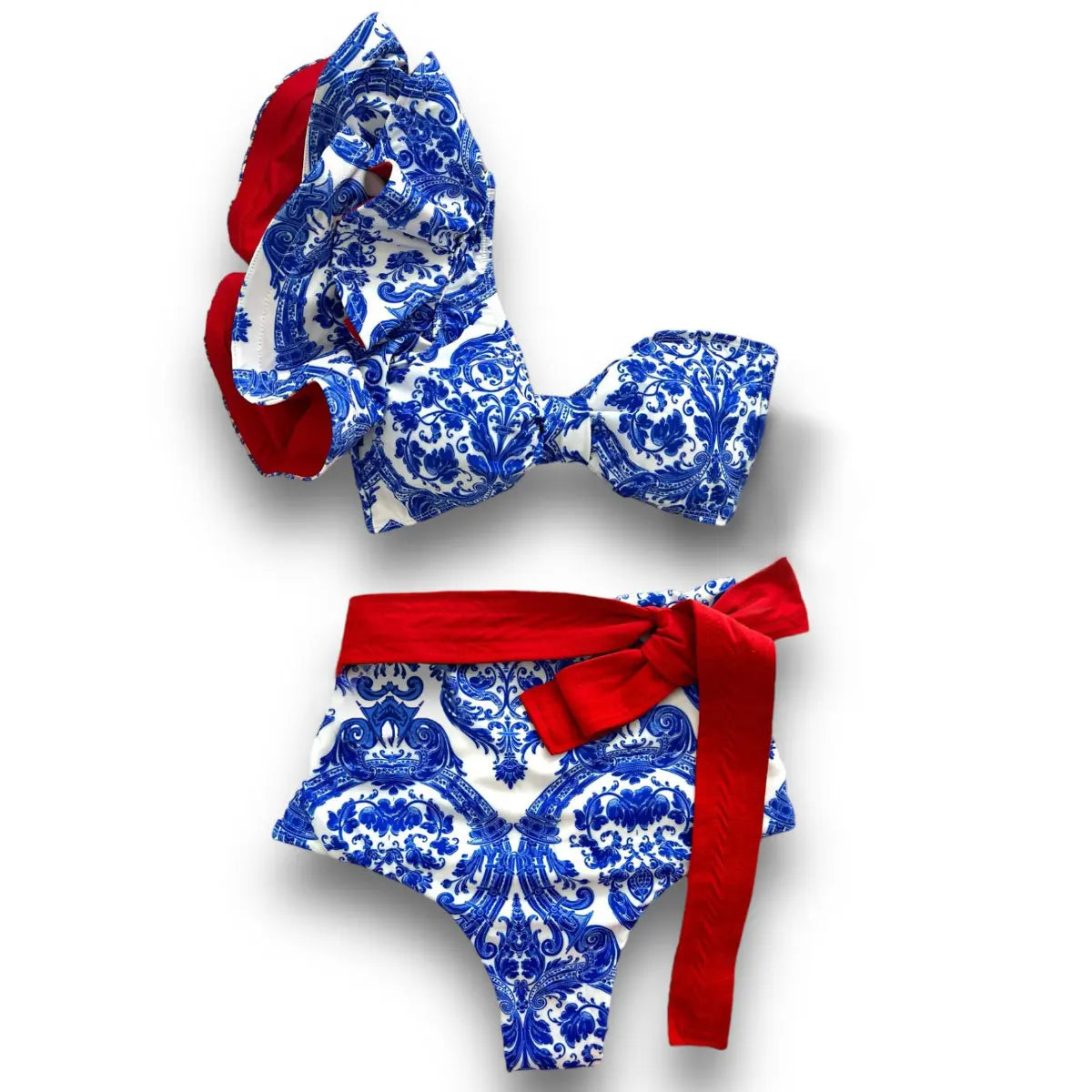 2026 Sexy Bikini Set Women High Waist Classic Off Solid Ruffle Sleeves Swimwear Red Separate Deep V Swimsuit Vintage Beach Set