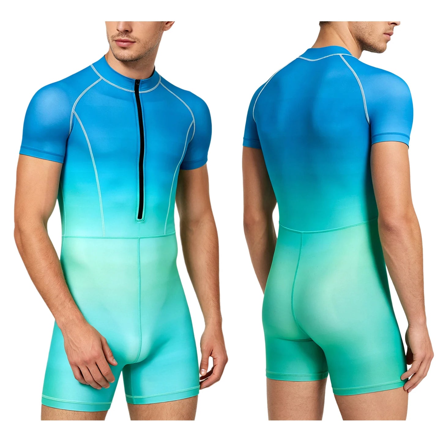 Men Gradient Bodysuit Rash Guard Swimwear Wetsuit Short Sleeve Zipper Bathing Suit Surfing Beach Pool Water Sports Wimsuit