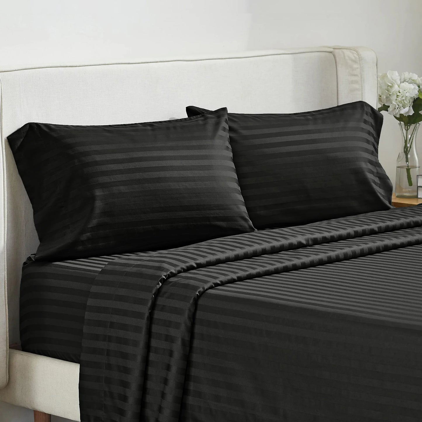 Battilo Bed Sheets 4 Pieces Set Luxury Fitted Flat Sheet with Pillowcases Solid Stripe Bedding Set For Twin Full Queen King Size
