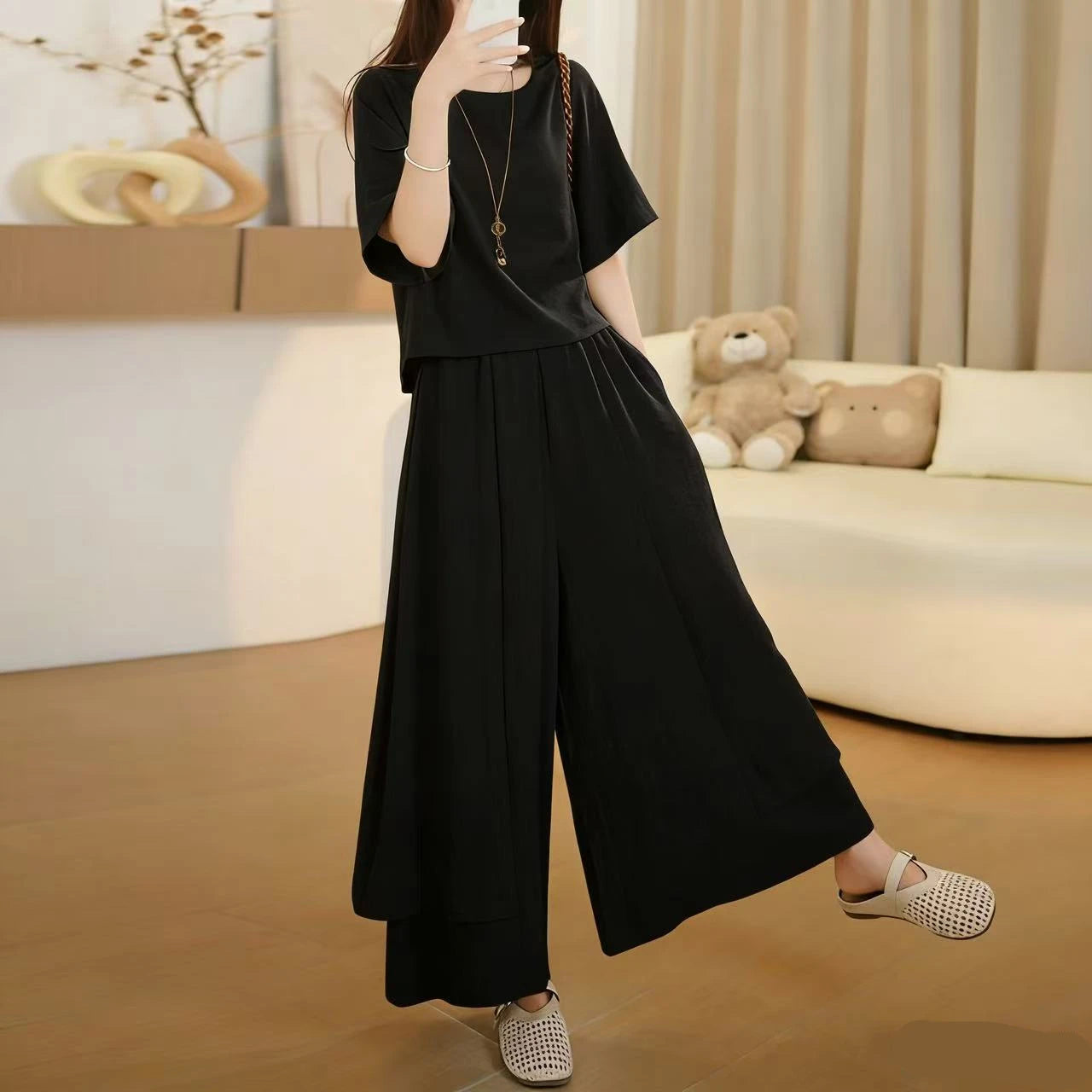 Fashionable Summer Outfit Women's Slimming Short Sleeve T-Shirt Skirt Pants Drapey Casual Meat Concealing Two-Piece Set