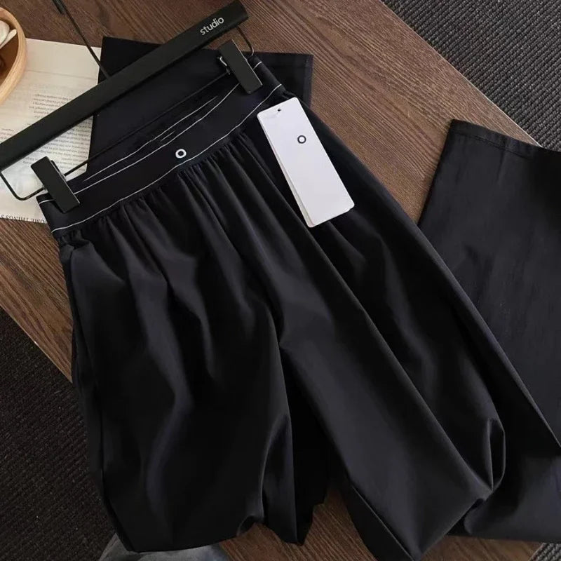 New Elastic High Waist Casual Sports Pants Solid Color American Style Pants 2025 Fashion High Street Summer Straight Trousers