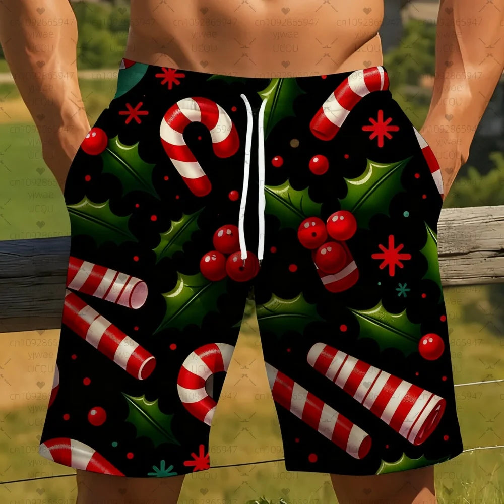 2025 new Men's Board Shorts Christmas candy cane holly Trunks Drawstring Elastic Quick Dry Hawaiian Beach Shorts men clothing