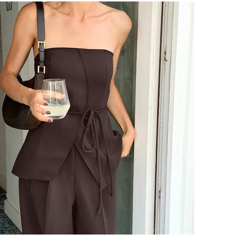 Women Pant Sets Sexy Backless Straps Sleeveless Lace Up Vest Loose Wide Leg Pants Suit Female Summer Fashion Lady Outfits