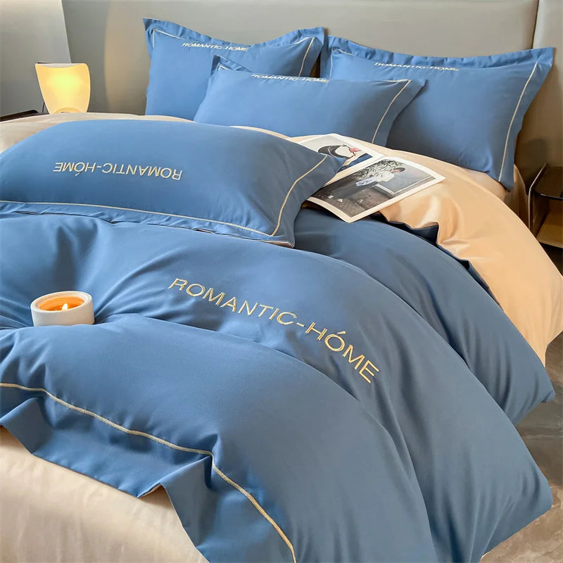 1 Set Cotton Bedding Set with Duvet Cover Bed Sheet Pillowcase Luxury Bedsheet Solid Color King Queen Full Twin Size