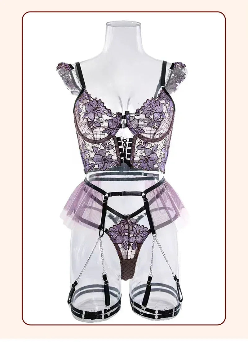 Erotic Lingerie for Women Sexy Set Underwear Floral Transparent Lace Bra and Panty Intimate Sets with Garter Outfits Bodysuits