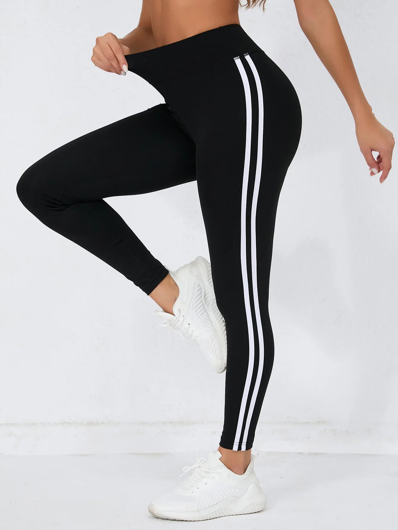 Women's Super Soft Leggings With White Striped, High Waist Stretch Workout Running Tight Pants