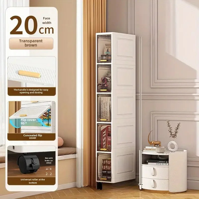 20cm Slim Storage Cabinet, 3/4/5-Tier Narrow Rolling Organizer with Wheels, Space-Saving Shelf White Multi-Purpose Storage