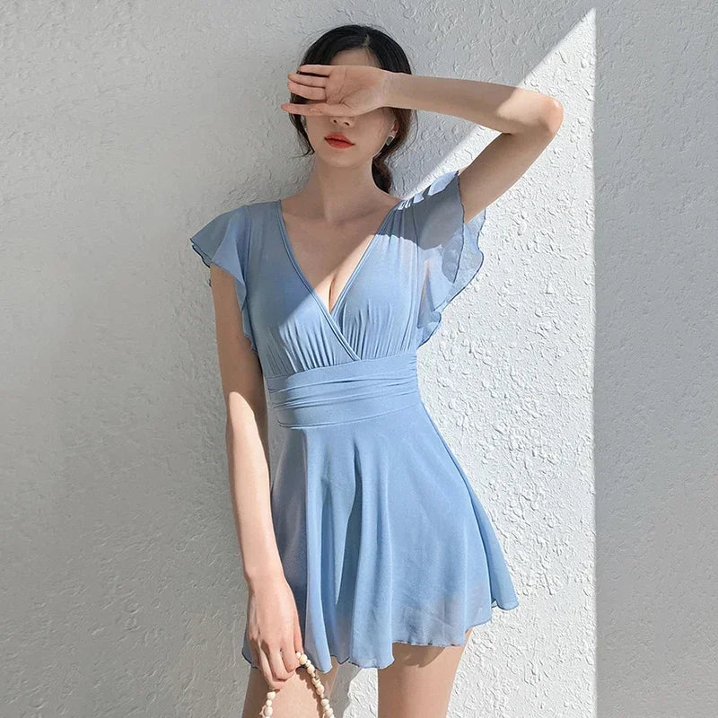 2026 New Swimsuit One-piece Swim Suit Sexy V Neck Swimwear Hot Spring Beach Bathing Skirt Dress Women