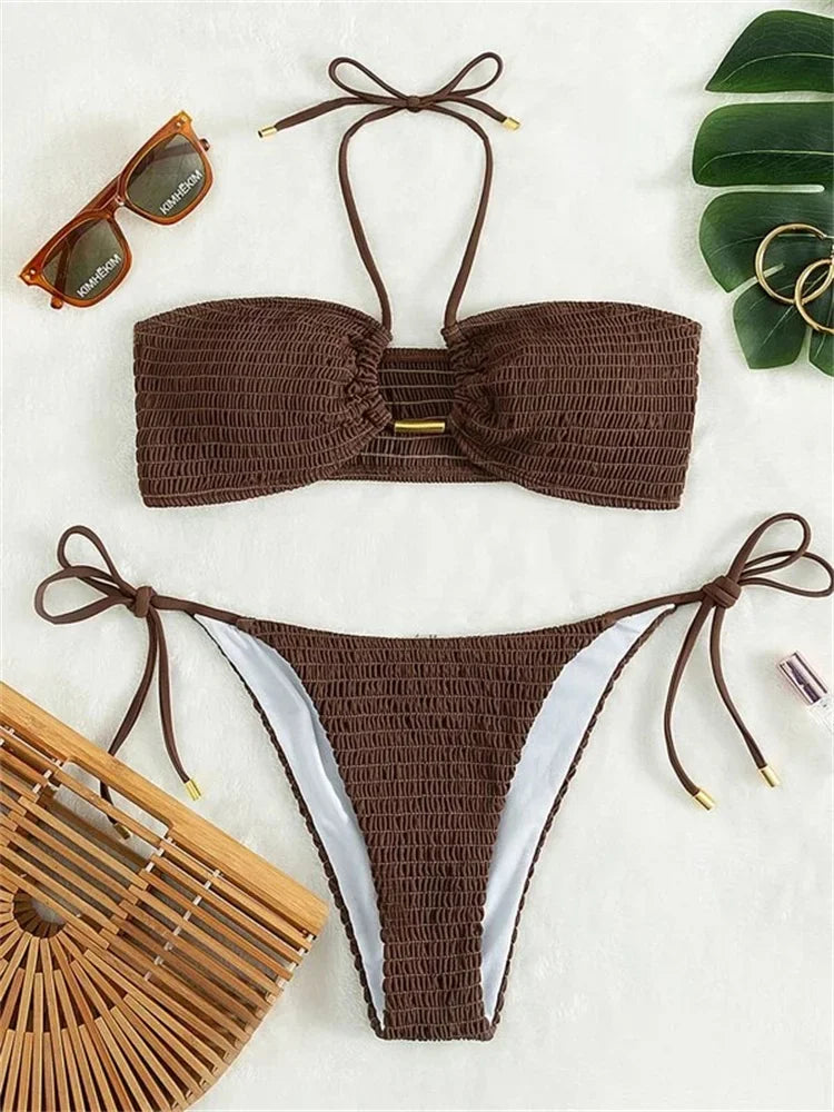 Sexy Triangle Bikini 2026 Women Red Black Ribbed Push Up Micro Swimsuit Cut Out Metal Designer Bathing Suit Knot Thong Swimwear
