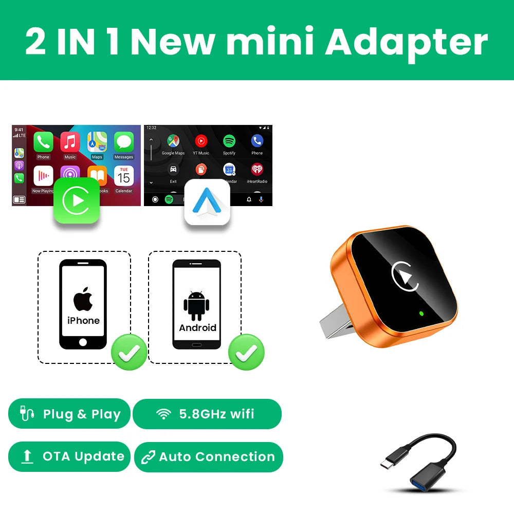 2026 2in 1 Wireless CarPlay Dongle Wireless Android Auto Adapter AI Smart Box 5Ghz WiFi Type-C/USB Plug and Play Car accessories