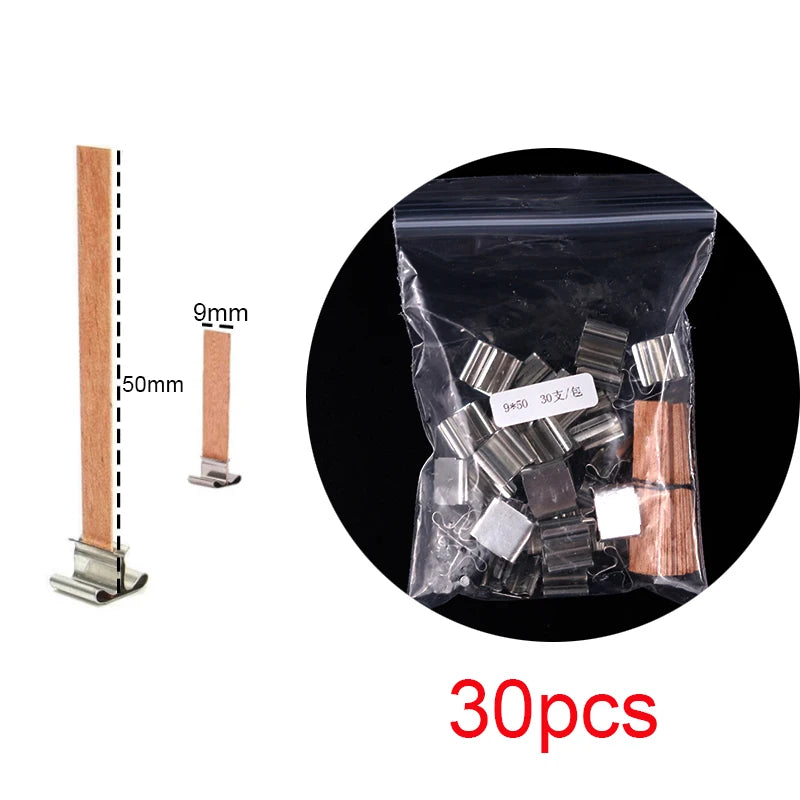 30pcs Wooden Candle Wicks Candle Making Set Wicks with Clip Base Naturally Smokeless Wood Core for DIY Candle Jar Making Tools