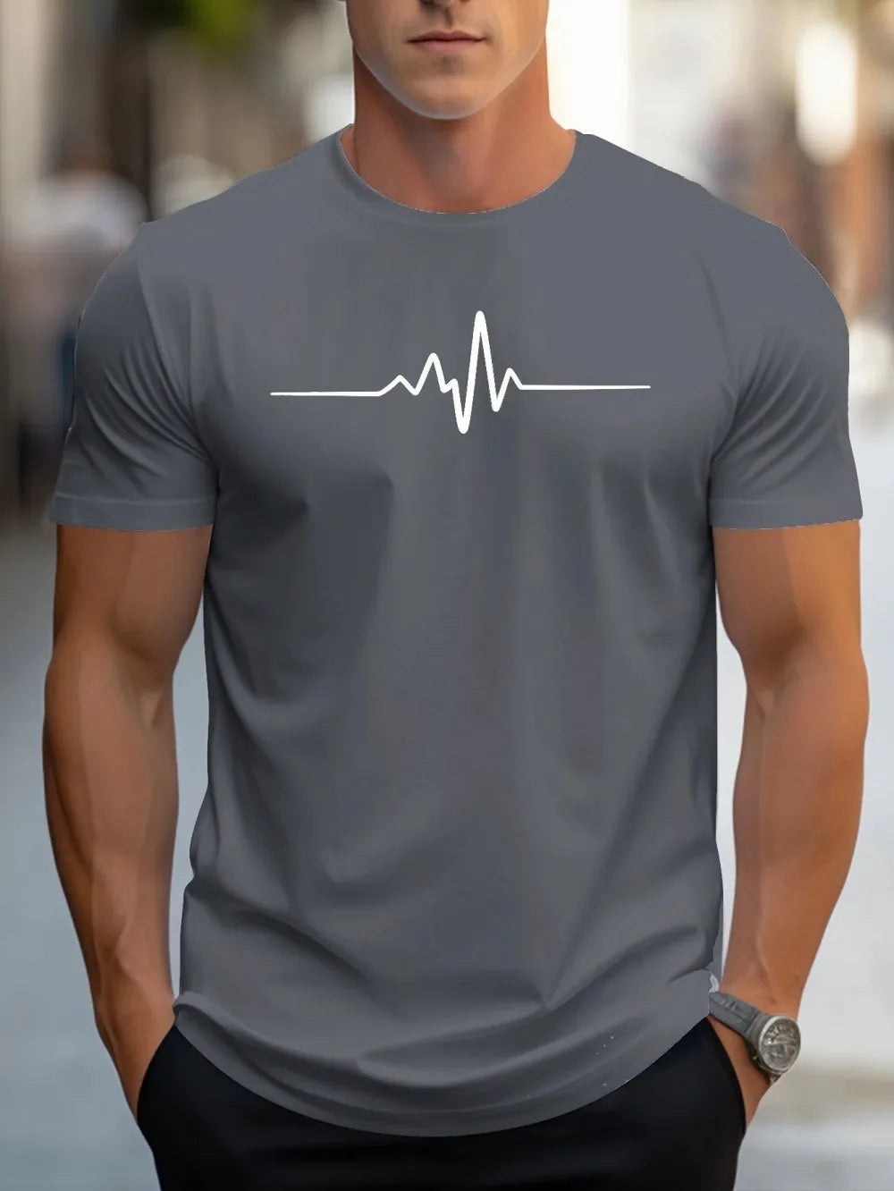 Fashionable men's summer electrocardiogram printed comfortable and breathable round neck T-shirt outdoor casual top