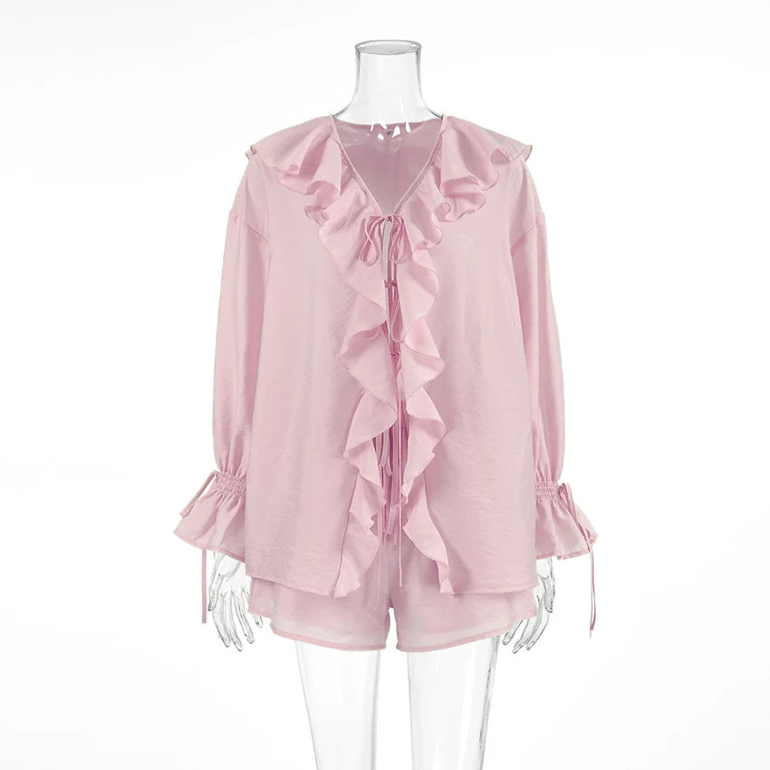 Tornova Women's Ruffled Shorts Sets V Neck Loose Lace Up Shirt Loose Through Sexy Casual Shorts Female Spring New Matching Sets