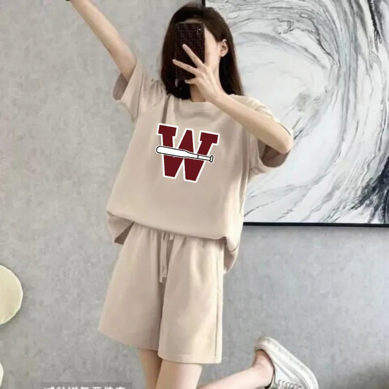 Summer 2 Piece Outfit for Women, Oversized Letter Print T-Shirt and Shorts, Co-ord Set