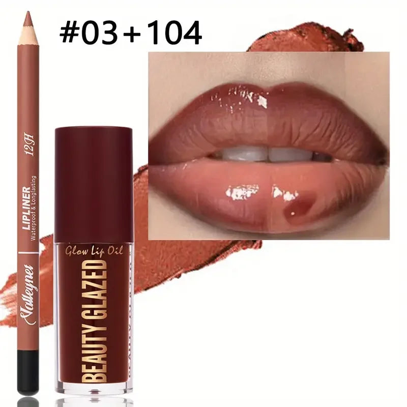 2pcs/SET Makeup Set: Matte Lip Liner + Moisturizing Colored Lip Oil,Long-Lasting and Easy to Color, Waterproof,ini Makeup Combo