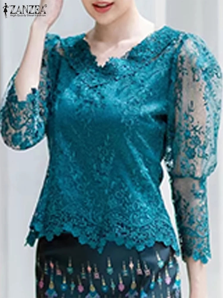 Summer Lace Blouse Women Tops Vintage Hollow Out Floral Blusas 3/4 Sleeve O Neck Tunics 2025 ZANZEA Casual Transparent Pullover
