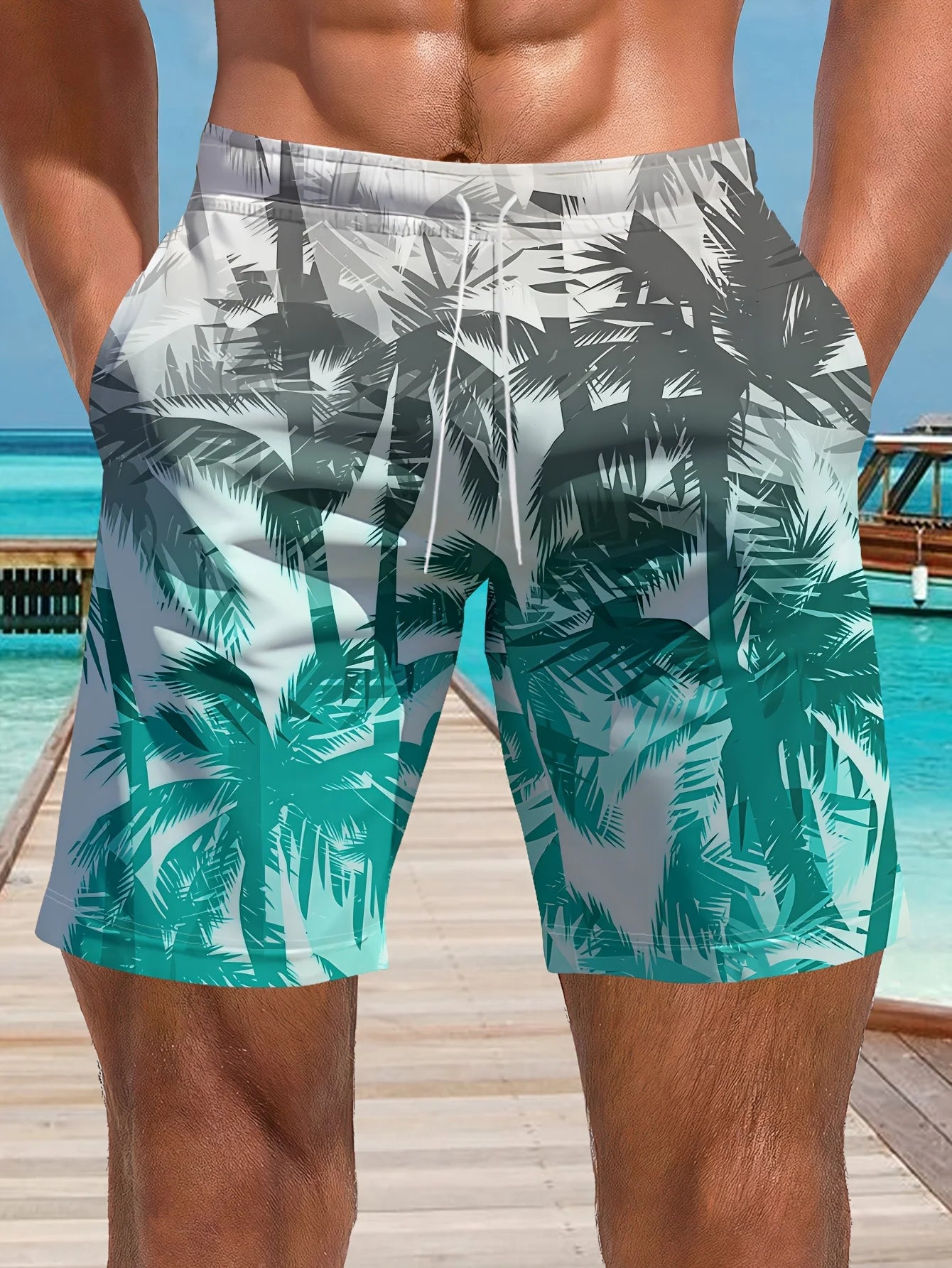 Men's Ocean Coconut Tree Print Beach Shorts Summer New Vacation Surfboard Shorts Casual Classic Men's Quick-Dry Shorts