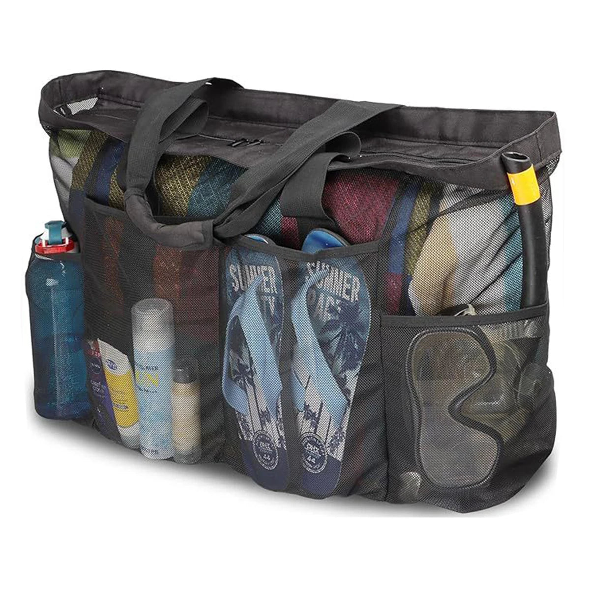 1pc Extra Large Mesh Beach Bag, Breathable Mesh Tote With Zipper & Side Pockets, Portable Large Capacity Finishing Organizer Bag