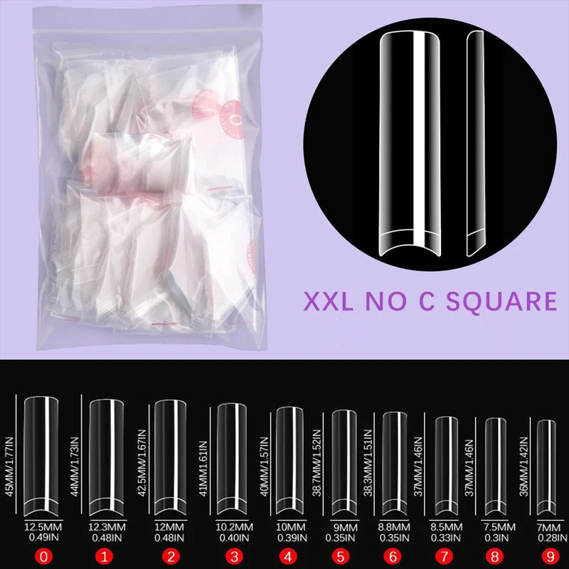 500Pcs XXL No C Curve Nail Tips for Acrylic Nails, Professional Set, Straight Tapered Square Clear Nail Tips Half Cover Long Fak