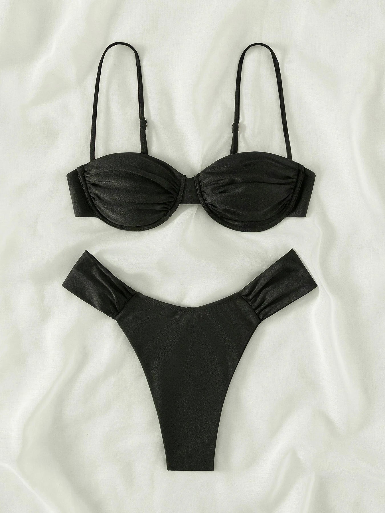 2024 New Sexy Underwire Push Up Bikini Back Tie Swimwear Women Bikini Sets Swimsuit For Women Solid Pleated Low Waist Beachwear