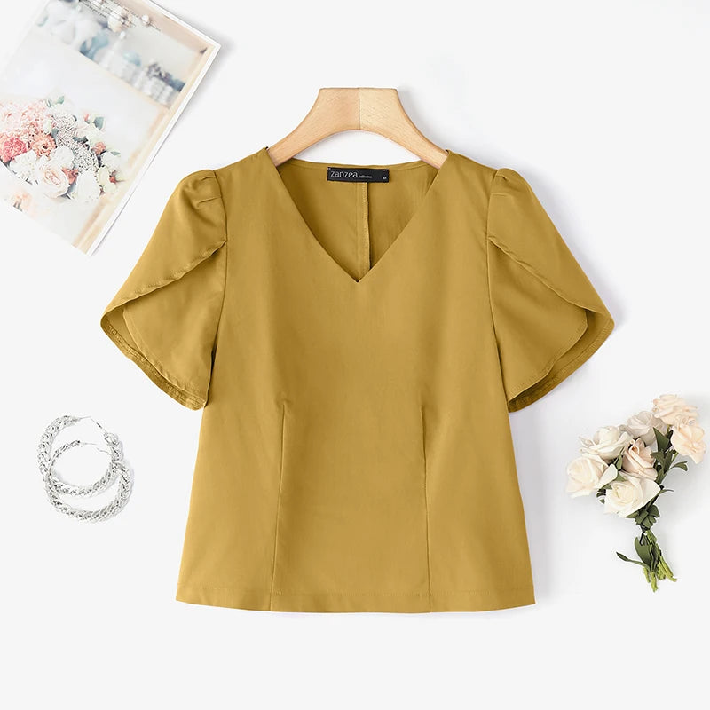 Summer Short Puff Sleeve Blouse ZANZEA Women Tunic Tops 2025 Fashion Solid Color Shirts Sexy V-Neck Casual Blusas Streetwear