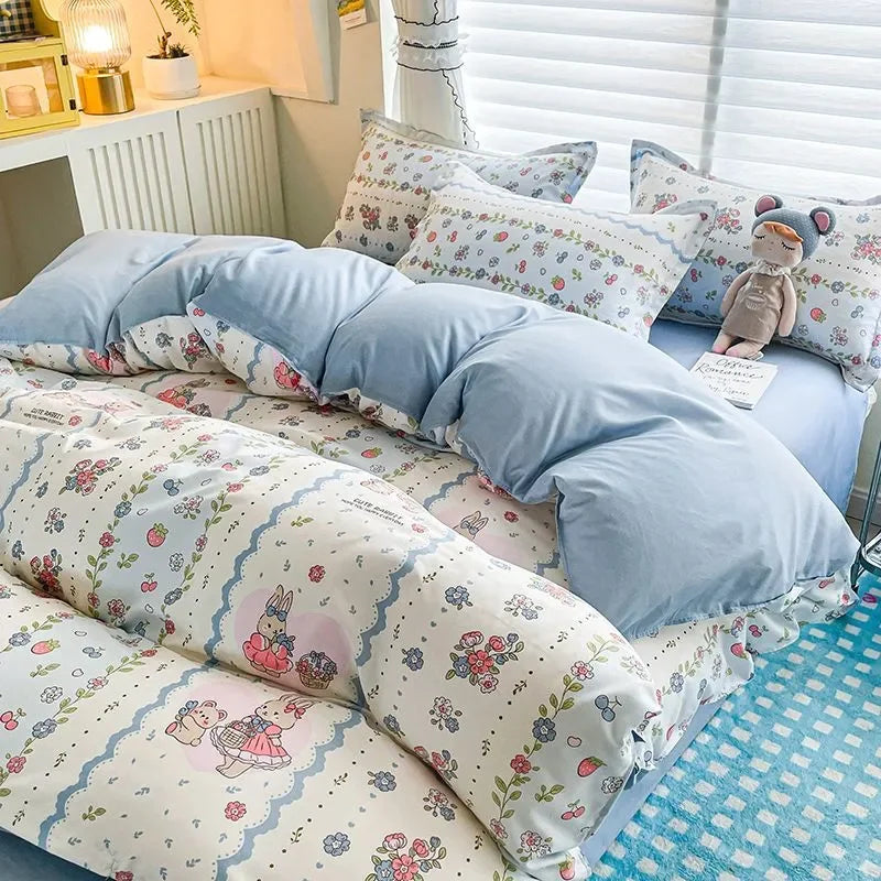 Cute Rabbit Bedding Set New No Filler Ins Floral Duvet Cover Flat Sheet Pillowcases Twin Queen Size Girls Boys Comforter Cover