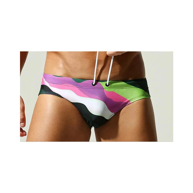 Men's Quick Dry Swim Briefs Colorful Wave Print Drawstring Bikini Trunks Low Waist Beach Swimwear Bathing Suits for Men swimsuit