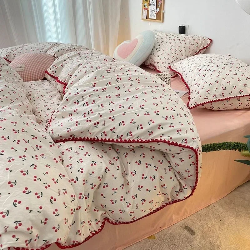 Bedding Set Girls Cherry Soft Washed Cotton Bed Sheet Queen King Size Duvet Set Comforter Set Pillowcase Bed Linens