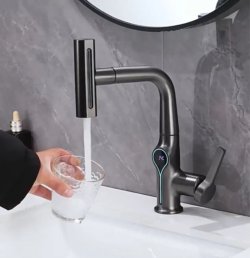 Lift Up Down Stream Sprayer Hot Cold Water Sink Mixer Wash Tap For Bathroom Waterfall Temperature Digital Display Basin Faucet