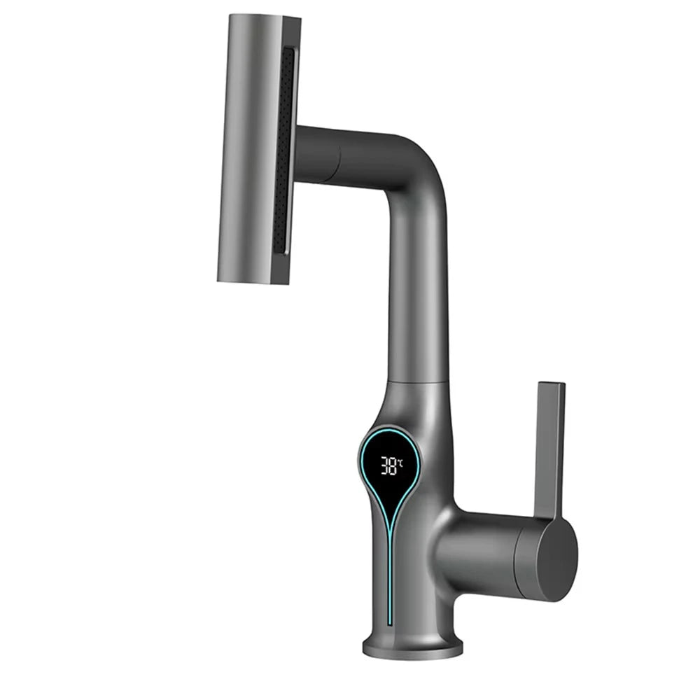 Lift Up Down Stream Sprayer Hot Cold Water Sink Mixer Wash Tap For Bathroom Waterfall Temperature Digital Display Basin Faucet