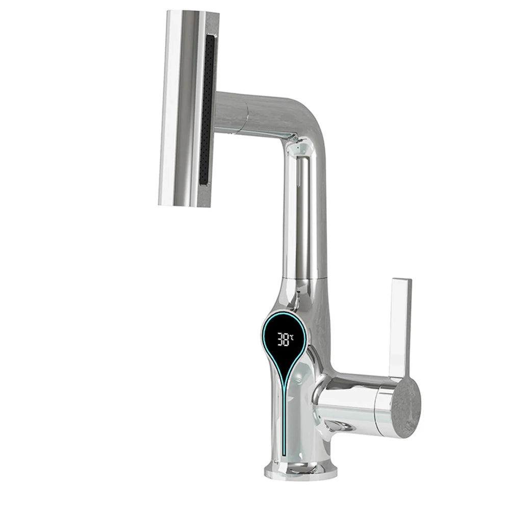 Lift Up Down Stream Sprayer Hot Cold Water Sink Mixer Wash Tap For Bathroom Waterfall Temperature Digital Display Basin Faucet