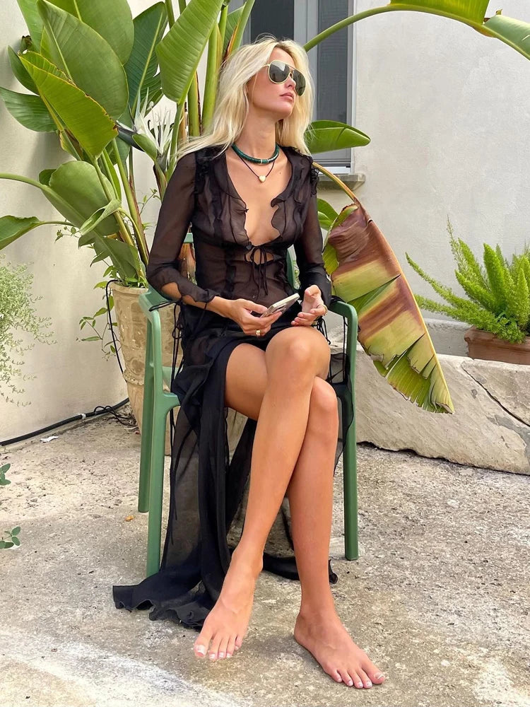 Summer Beach Dress Women Elegant Bandage Ruffles Slim Maxi Dress 2024 New Sexy Blue Long Sleeve Evening Party Dress Club Outfits