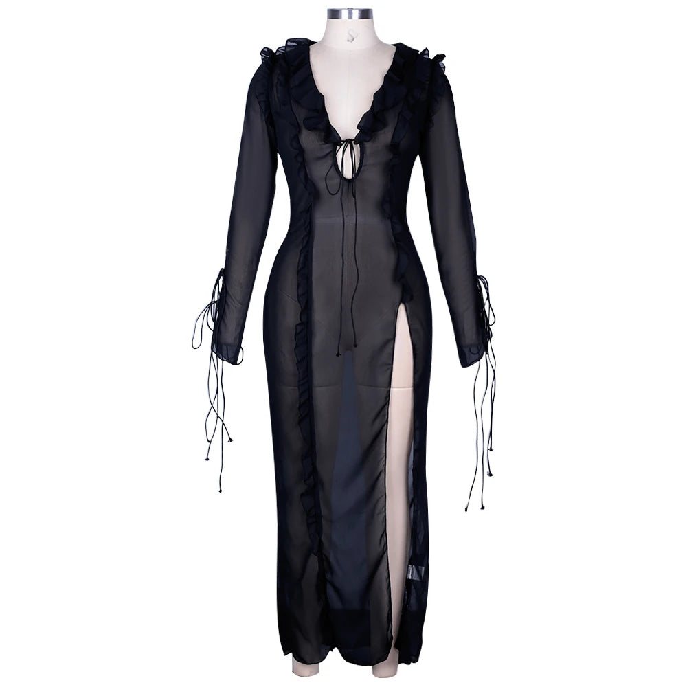 Summer Beach Dress Women Elegant Bandage Ruffles Slim Maxi Dress 2024 New Sexy Blue Long Sleeve Evening Party Dress Club Outfits
