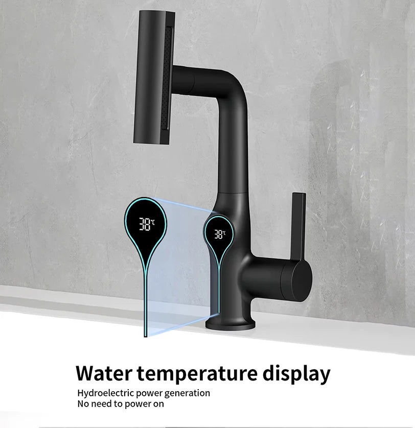 Lift Up Down Stream Sprayer Hot Cold Water Sink Mixer Wash Tap For Bathroom Waterfall Temperature Digital Display Basin Faucet