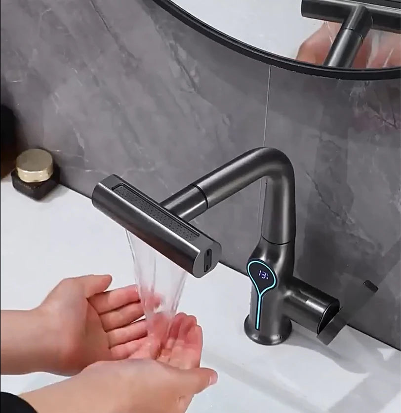 Lift Up Down Stream Sprayer Hot Cold Water Sink Mixer Wash Tap For Bathroom Waterfall Temperature Digital Display Basin Faucet