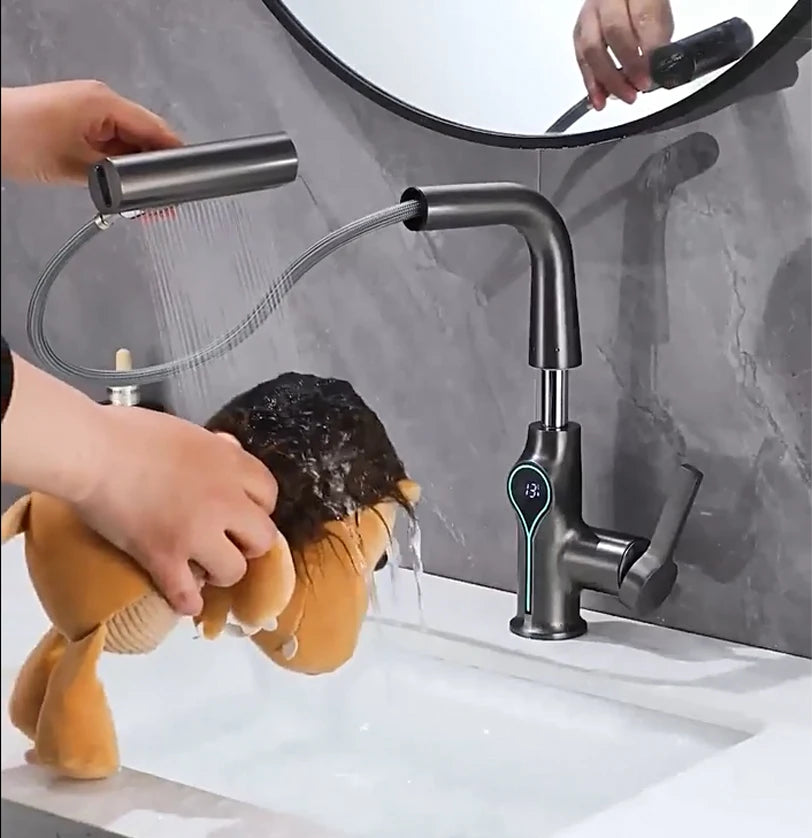 Lift Up Down Stream Sprayer Hot Cold Water Sink Mixer Wash Tap For Bathroom Waterfall Temperature Digital Display Basin Faucet