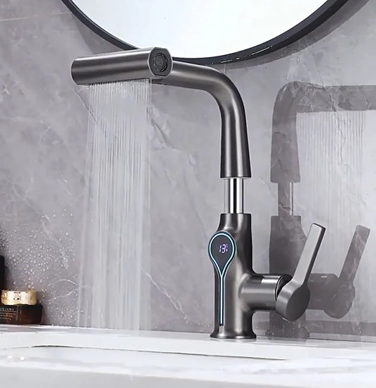 Lift Up Down Stream Sprayer Hot Cold Water Sink Mixer Wash Tap For Bathroom Waterfall Temperature Digital Display Basin Faucet